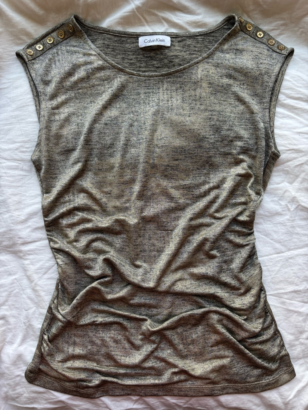 Calvin Klein Gold Metallic Sleeveless Top w/ Logo Button Detail